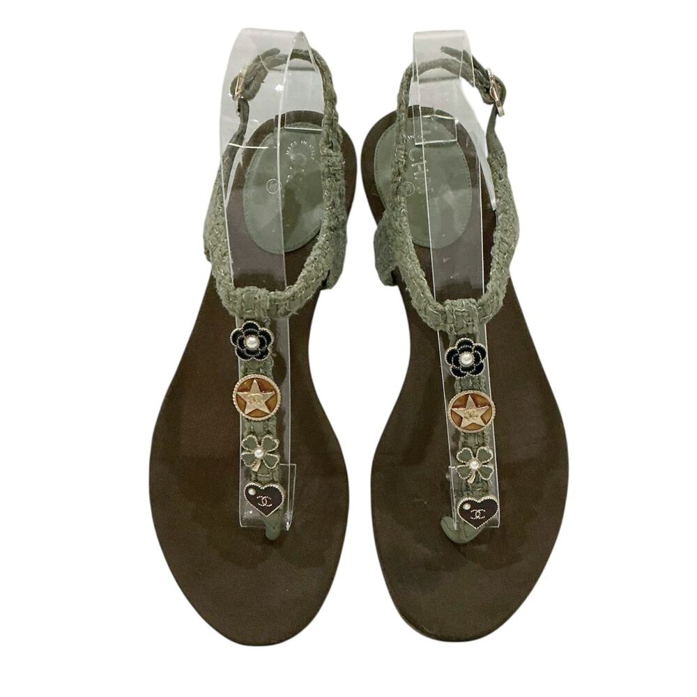 Chanel 17C Tweed Cruise Charm Thong Sandals Khaki EU 37.5 US 7.5